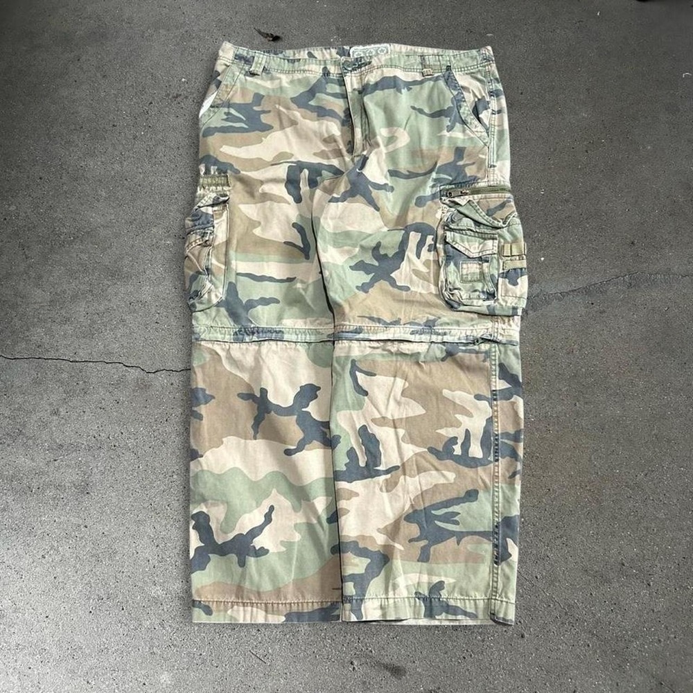 Y2k men's woodland camo convertible baggy wide leg skater cargo pants Size 38x30